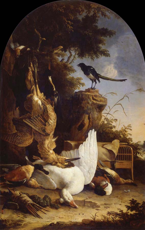 A hunter-s Bag near a tree stump with a magpie,known as the contemplative Magpie